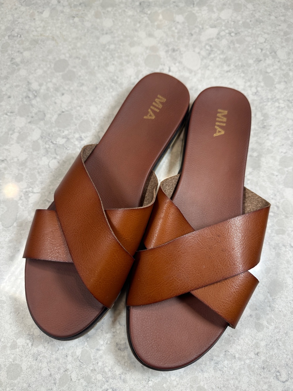 MIA Cognac Crisscross Leather Slide Sandals
